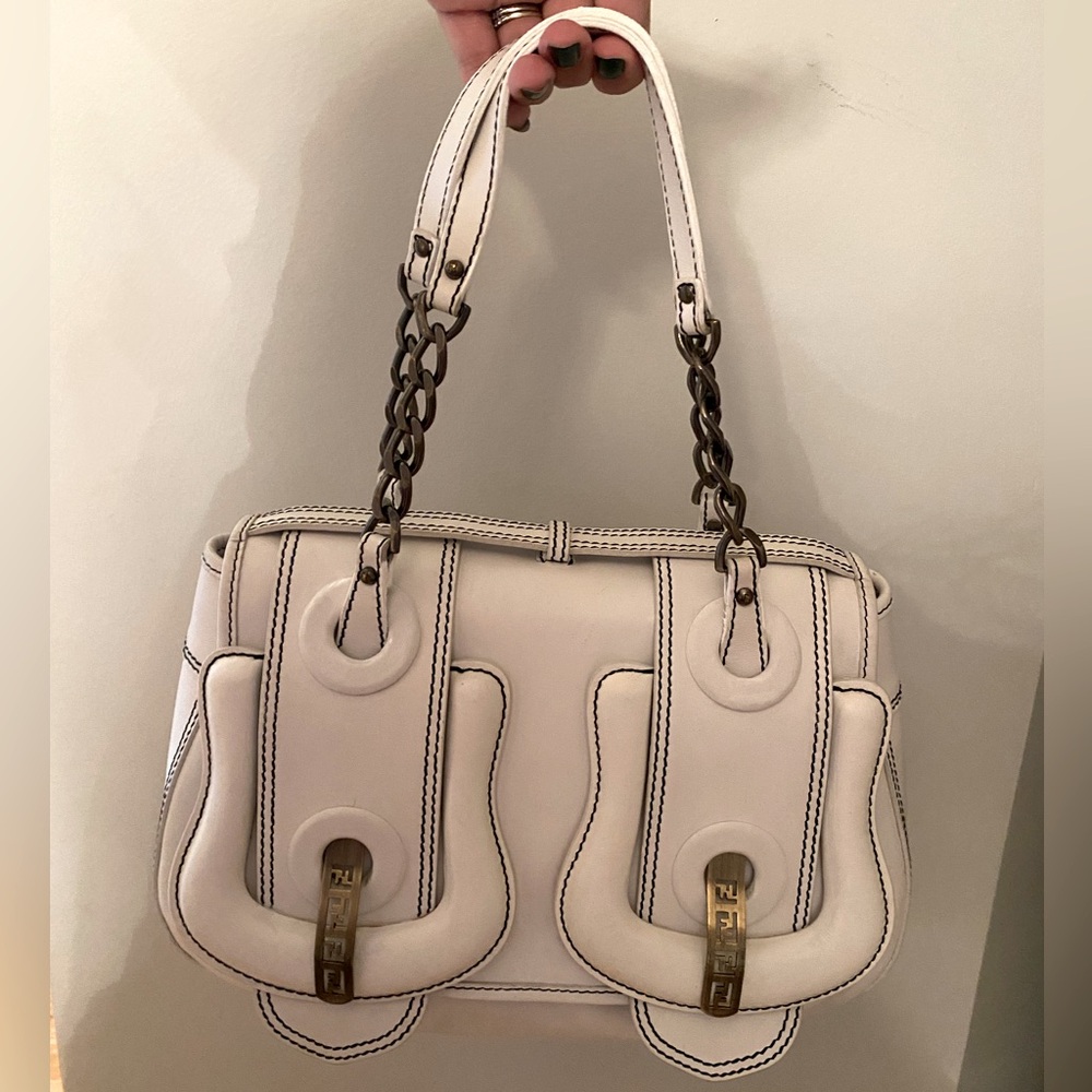 Authentic Fendi B-Bag White Leather with Black Thread